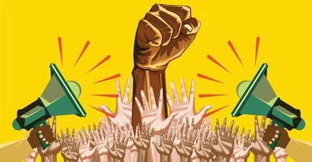 Rahmenbedingungen für ein Verbot von Kriegspropaganda in der Schweiz Illustration Megafone und viele Hände sowie erhobene einzelne Faust