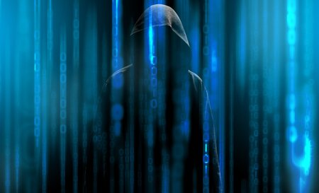 Hacker with a hood and blue binary code matrix